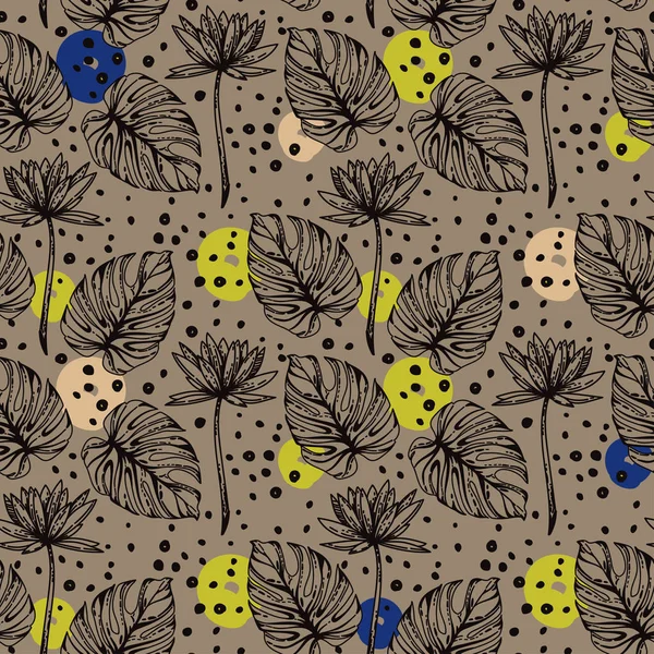 Lotus çiçekleri, monstera leves ve el ile Seamless Modeli nokta çizilmiş