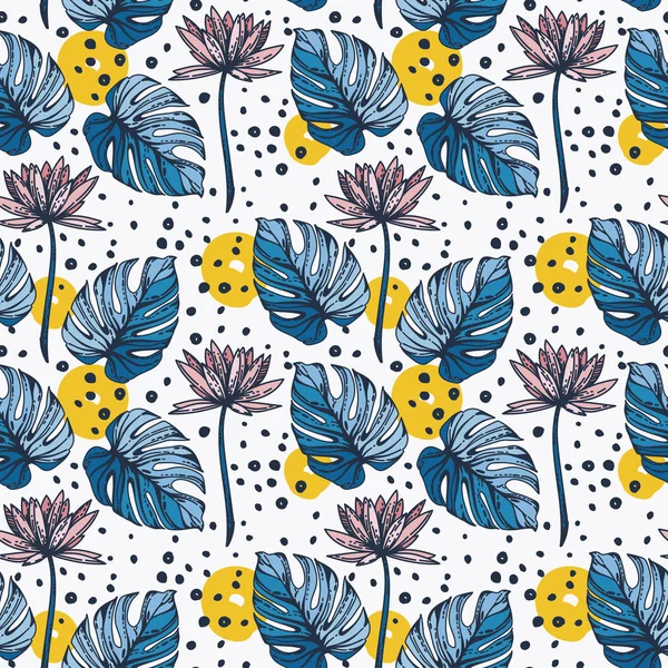 Lotus çiçekleri, monstera leves ve el ile Seamless Modeli nokta çizilmiş