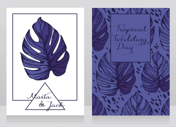 Deux cartes décorées avec des feuilles de monstère dans un cadre géométrique pour mariage de style tropical — Image vectorielle