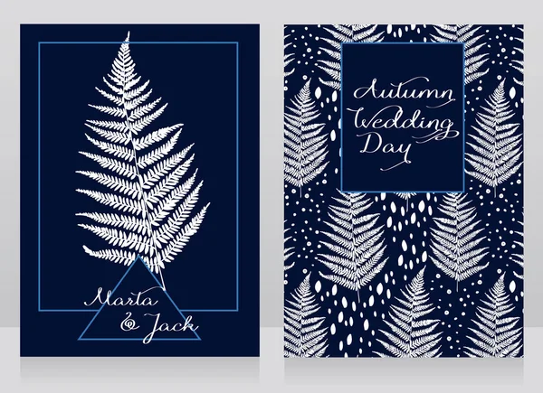 Dwie karty ozdobione paproci liście na jesieni ślub — Wektor stockowy