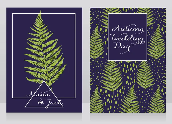 Две открытки, украшенные папоротниками для осенней свадьбы — стоковый вектор