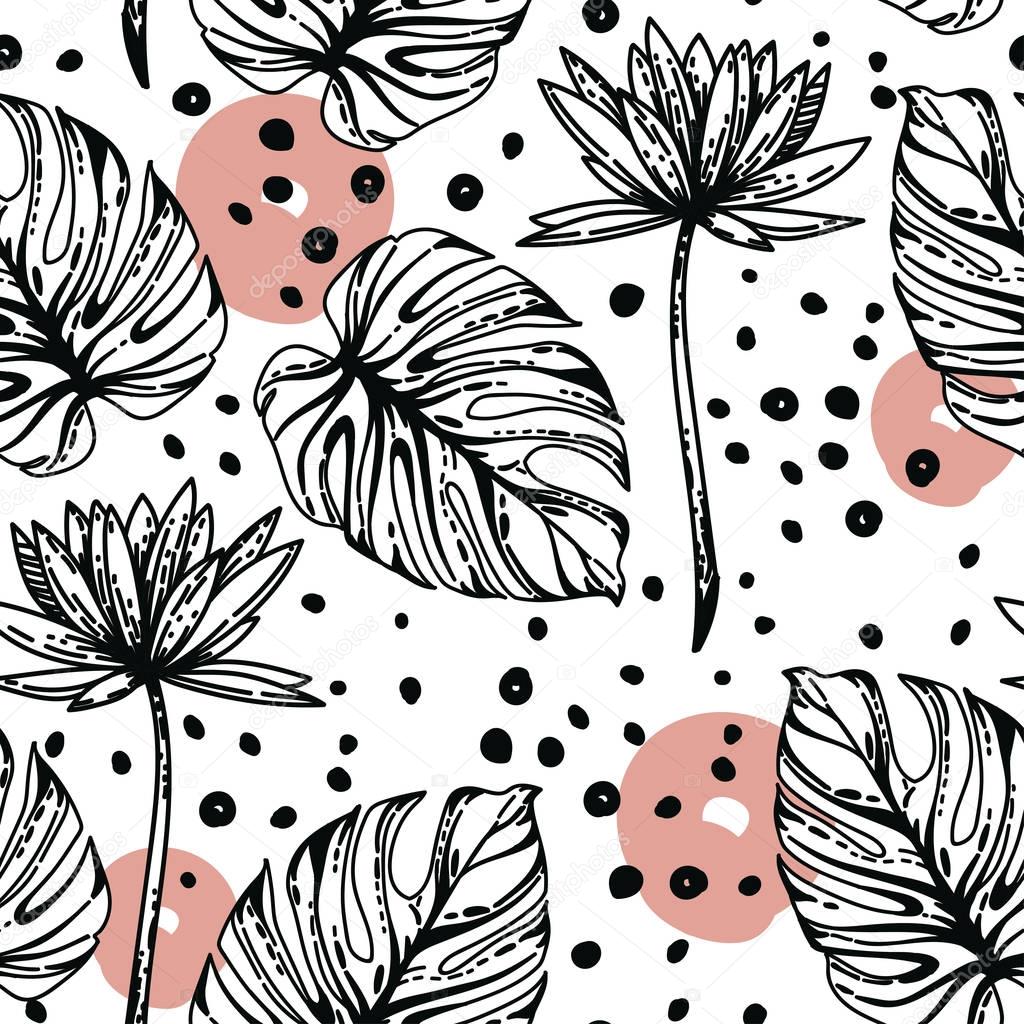 Seamless pattern with lotus flowers, monstera leves and hand drawn dots