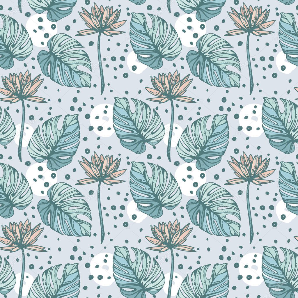 Seamless pattern with lotus flowers, monstera leves and hand drawn dots