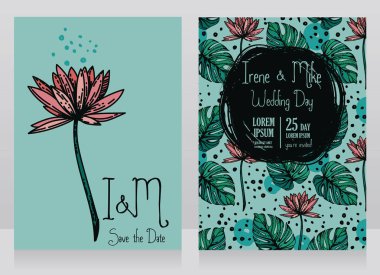 İki düğün kartları ile lotus çiçeği ve monstera bırakır