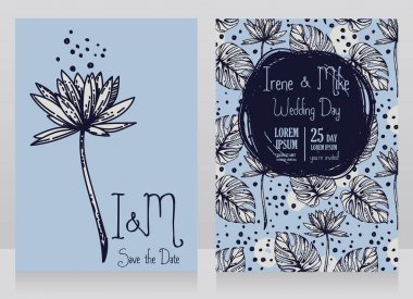 İki düğün kartları ile lotus çiçeği ve monstera bırakır