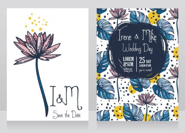 İki düğün kartları ile lotus çiçeği ve monstera bırakır