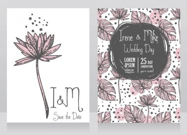 İki düğün kartları ile lotus çiçeği ve monstera bırakır