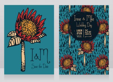 Protea çiçek ile iki düğün kartları