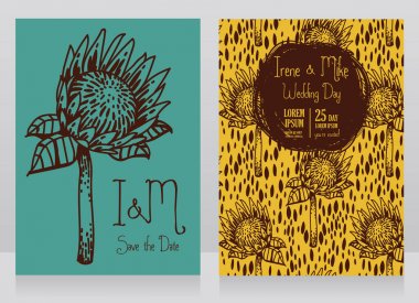 Protea çiçek ile iki düğün kartları