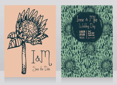 Protea çiçek ile iki düğün kartları