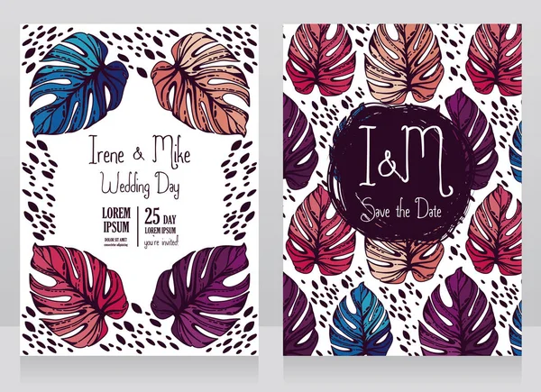 葉のモンステラと 2 つの結婚式のカード — ストックベクタ