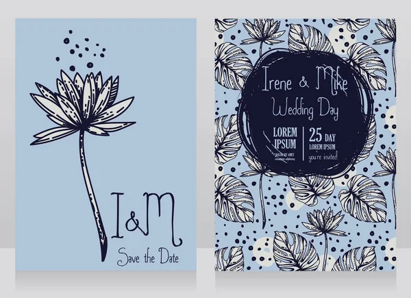 İki düğün kartları ile lotus çiçeği ve monstera bırakır