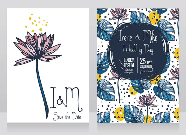 İki düğün kartları ile lotus çiçeği ve monstera bırakır