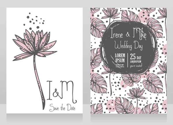 İki düğün kartları ile lotus çiçeği ve monstera bırakır