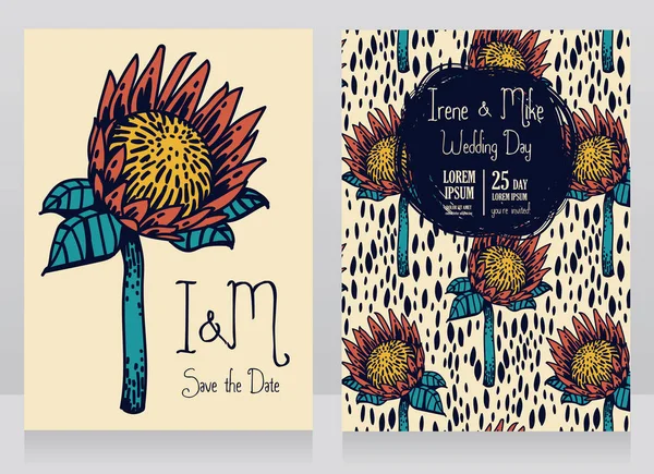 Protea çiçek ile iki düğün kartları