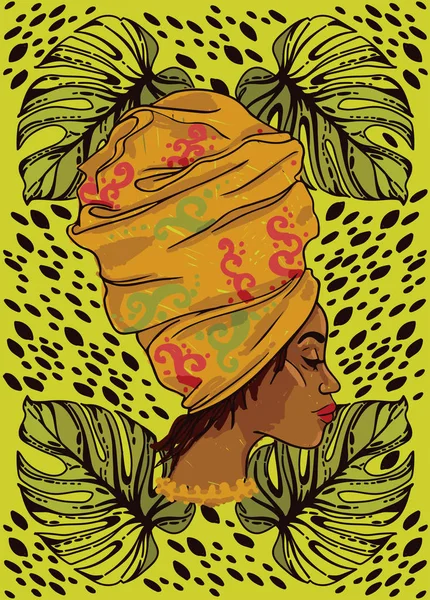 Cartaz com retrato de mulher afro-americana, folhas de monstera e traços — Vetor de Stock