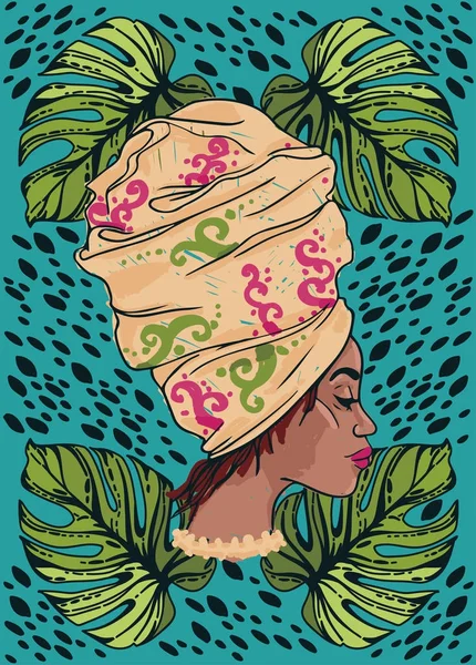 Плакат с портретом африканской американки, листья монстров и штрихи — стоковый вектор