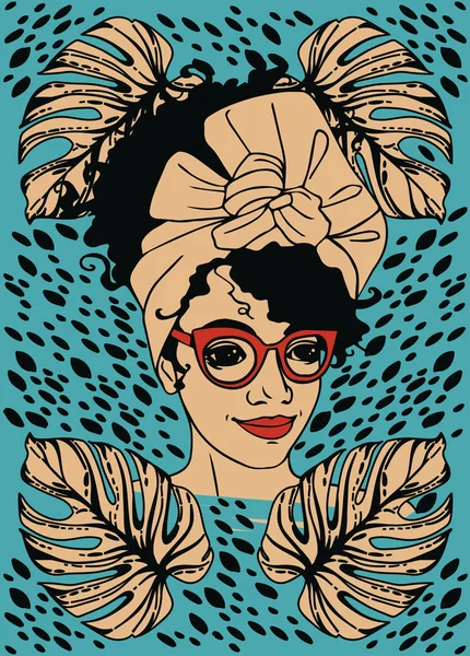 Плакат с портретом модной африканской женщины-американки, листьями монстров и мазками — стоковый вектор