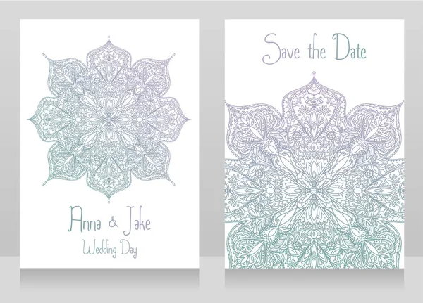Dos tarjetas de boda con hermoso adorno de encaje — Vector de stock