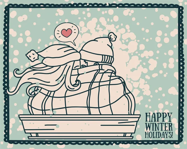 Affisch för härlig jul eller alla hjärtans dag med söta pussar par och snö — Stock vektor