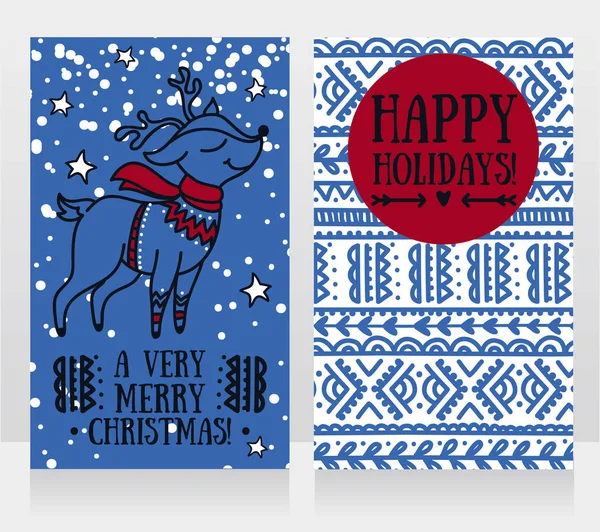 Tarjetas de felicitación para Navidad con ciervos de Navidad lindo en suéter — Vector de stock