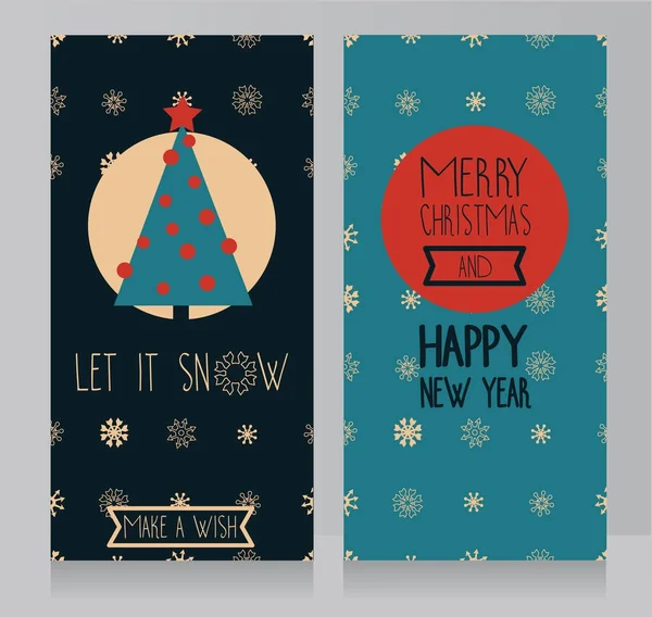 Cartes de voeux pour les vacances d'hiver avec arbre de Noël et ornement géométrique snoflakes — Image vectorielle