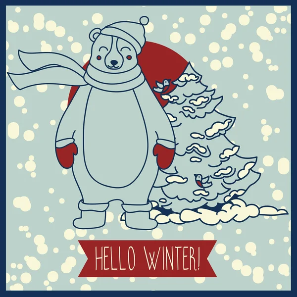 Открытка на зиму с милым улыбающимся медведем в шарфе — стоковый вектор