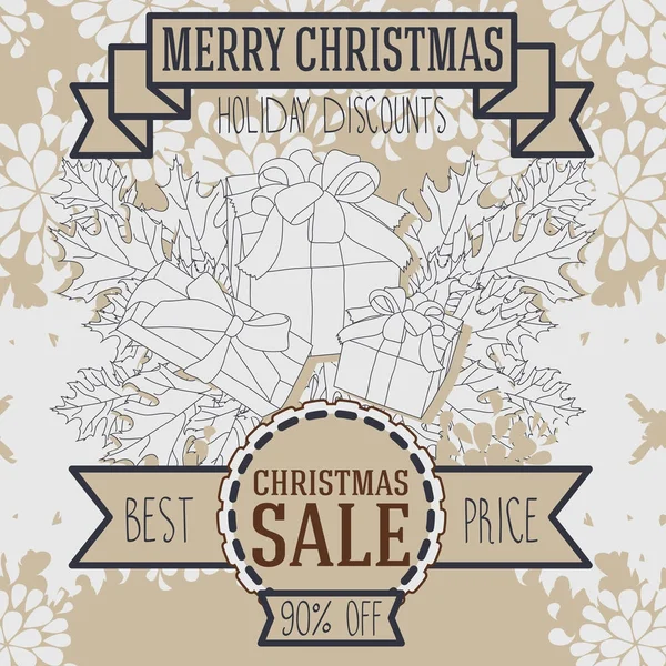 Poster for christmas seasonal sale with gift boxes and holly leaves — Stock Vector