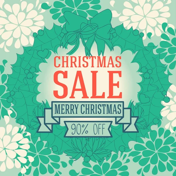 Plakát na vánoční sezónní prodej s holly opouští věnec a retro stuhy — Stockový vektor