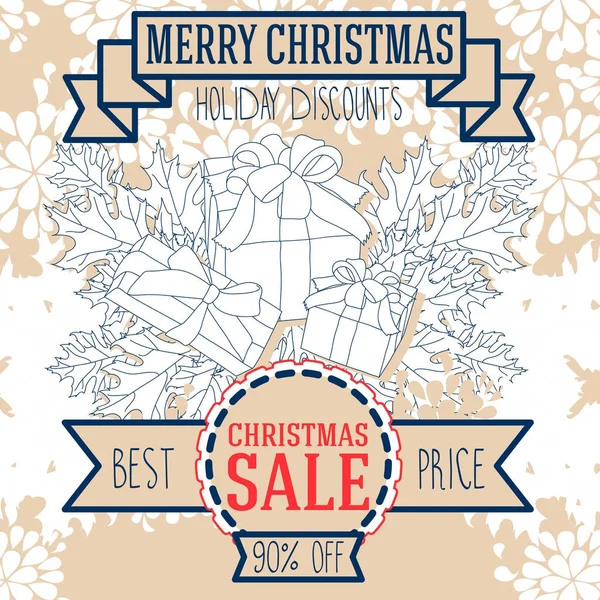 Poster for christmas seasonal sale with gift boxes and holly leaves — Stock Vector