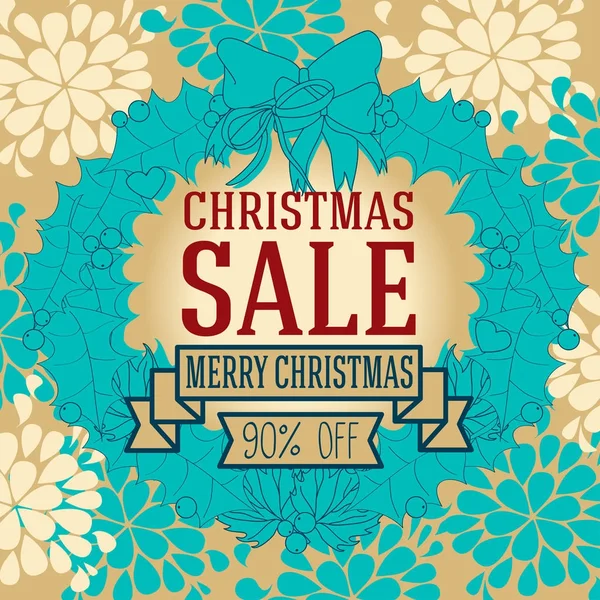 Plakát na vánoční sezónní prodej s holly opouští věnec a retro stuhy — Stockový vektor