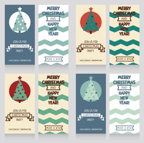 Набор поздравительных открыток на зимние праздники с елкой и геометрическим орнаментом — стоковый вектор
