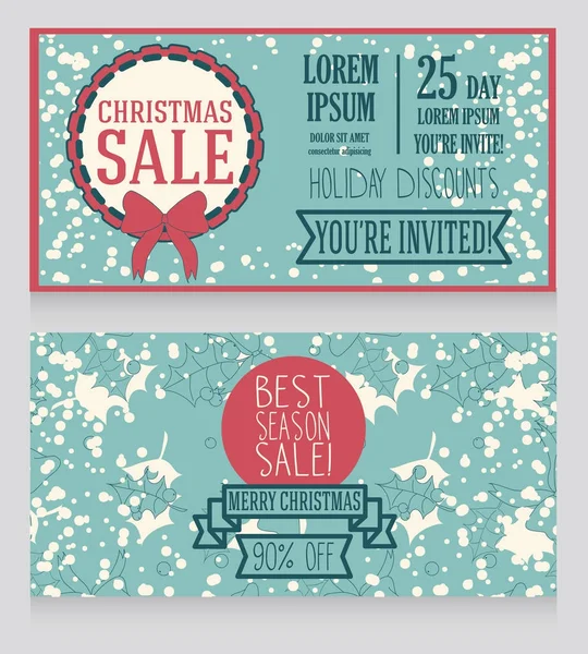 Två banners för jul säsongsbetonad försäljning i retrostil med holly mönster — Stock vektor
