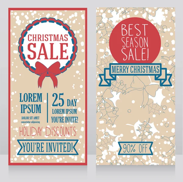 Two banners for christmas seasonal sale in retro style with holly pattern — Stock Vector