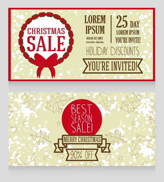 Two banners for christmas seasonal sale in retro style with holly pattern — Stock Vector