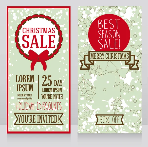 Two banners for christmas seasonal sale in retro style with holly pattern — Stock Vector