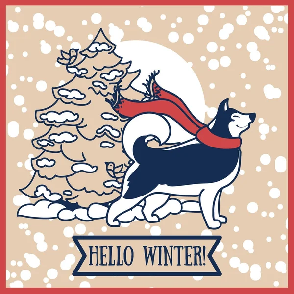 Открытка на зиму с милой сибирской хаски и рождественской елкой — стоковый вектор