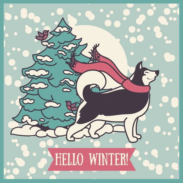 Tarjeta para el invierno con lindo husky siberiano y árbol de Navidad — Archivo Imágenes Vectoriales