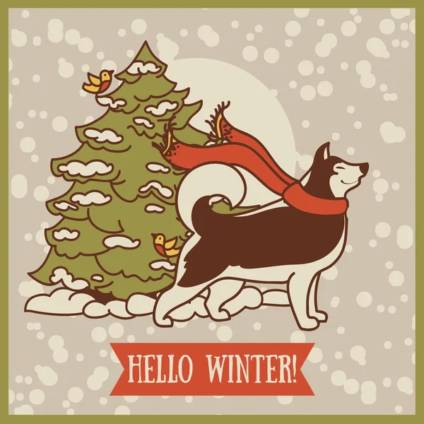 Tarjeta para el invierno con lindo husky siberiano y árbol de Navidad — Archivo Imágenes Vectoriales