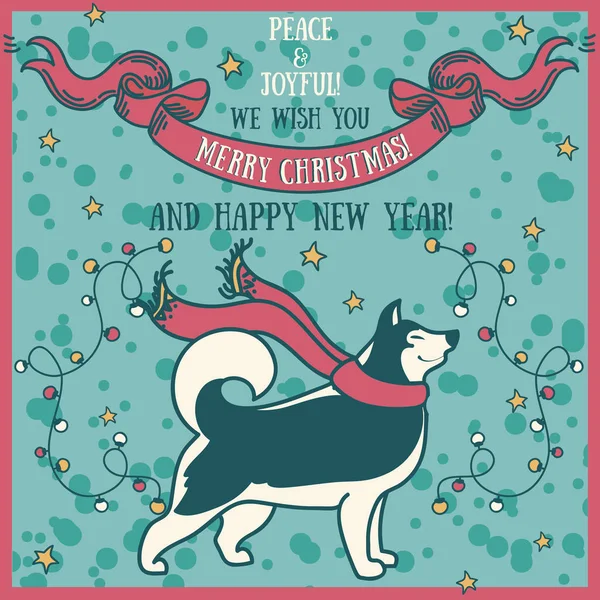 Grußkarte für Weihnachten und ein glückliches neues Jahr mit niedlichen lächelnden Huskys und Dekorationen im Retro-Stil — Stockvektor