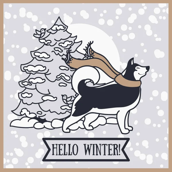 Karte für den Winter mit niedlichem Sibirischen Husky und Weihnachtsbaum — Stockvektor