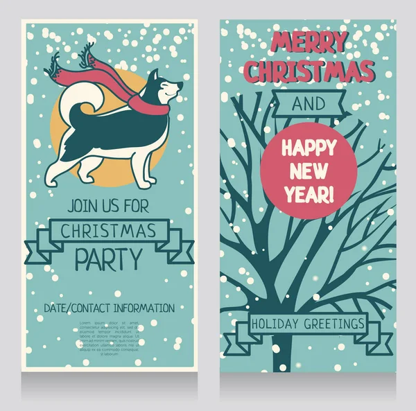 Dos tarjetas de felicitación para la fiesta de vacaciones de invierno con lindo husky sonriente y nieve — Vector de stock