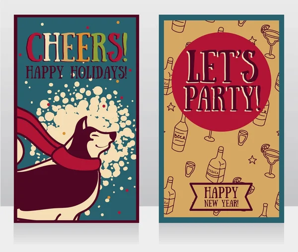 Cartão de saudação para a festa de ano novo com bonito sorriso husky — Vetor de Stock