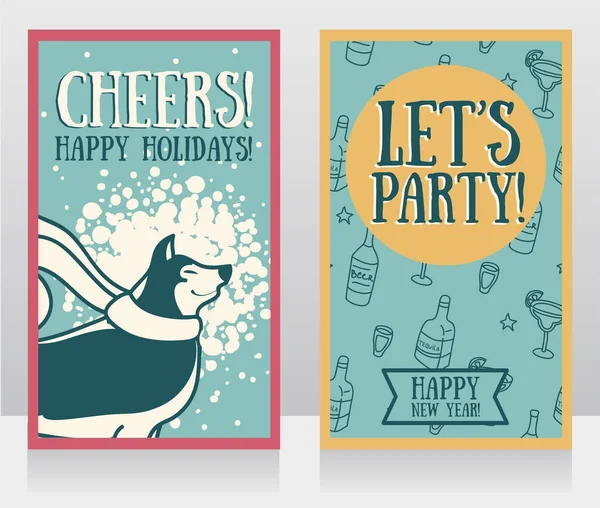 ハスキーなかわいい笑顔で新年パーティーのためのグリーティング カード — ストックベクタ