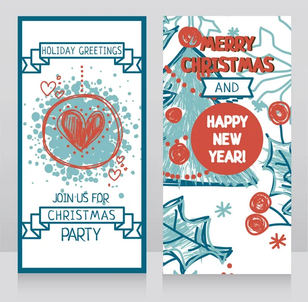 Bannières pour la fête de Noël avec des cœurs dessinés à la main — Image vectorielle