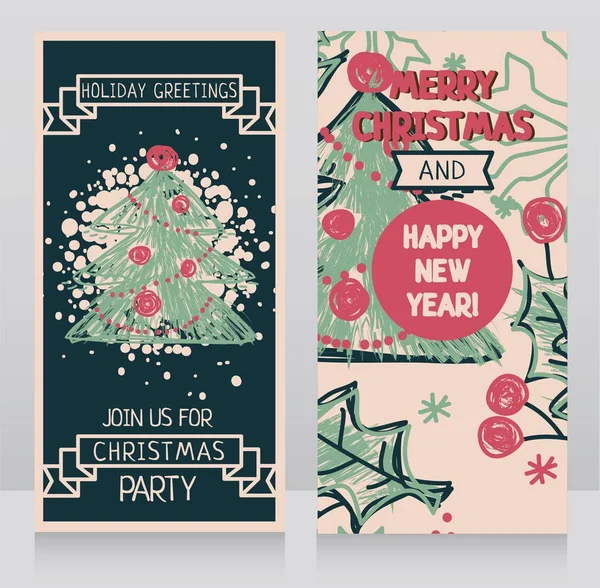 Pancartas para las vacaciones de invierno con árbol de Navidad en estilo dibujado a mano — Archivo Imágenes Vectoriales