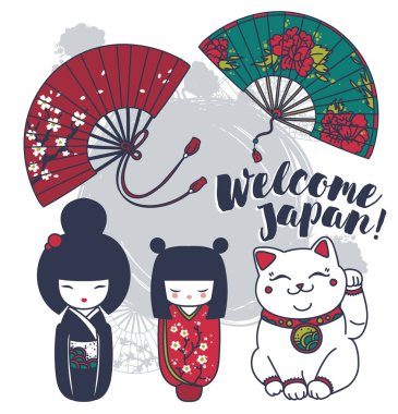 Set of cute traditional souvenirs of Japan or another asian countries clipart