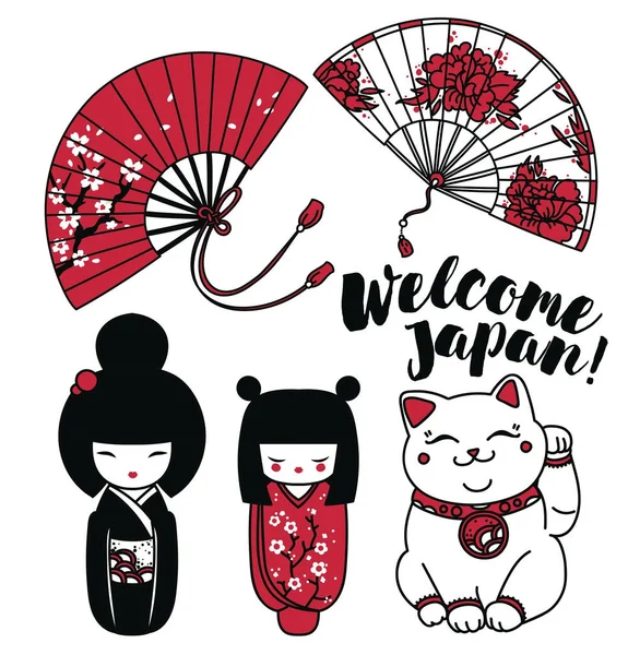 Set of cute traditional souvenirs of Japan or another asian countries — Stock Vector