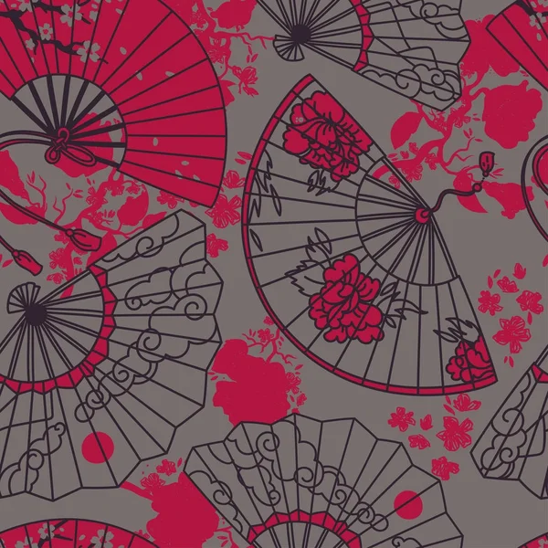 Seamless mönster med traditionella asiatiska hand papper fans med vackra ornament och sakura blommor — Stock vektor