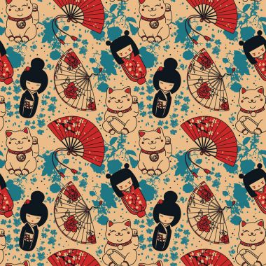 Geleneksel Asya Hatıra Eşyası ile Seamless Modeli: el kağıt hayranları, kokeshi bebek, maneki neko ve sakura çiçekler